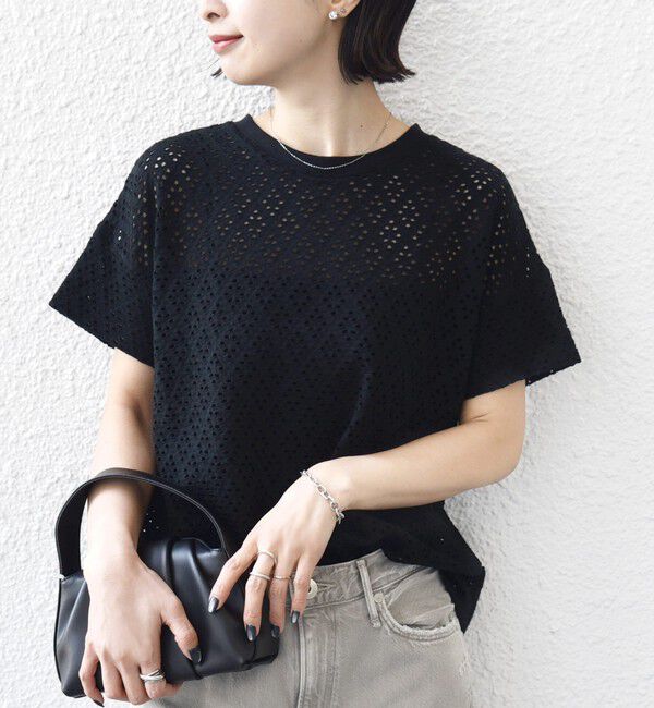 SHIPS for women「《一部追加予約》〈手洗い可能〉アイレット ショート スリーブ プルオーバー」|Tシャツ・カットソー|ブラック