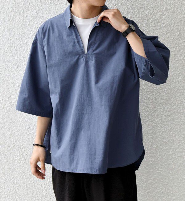 SHIPS any「SHIPS any:〈洗濯機可能〉ボイル スキッパー ハーフスリーブ プルオーバー シャツ◆」|シャツ・ブラウス|ブルー