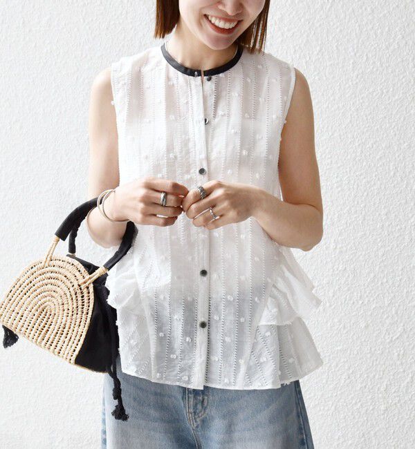 SHIPS any「《予約》SHIPS any:〈洗濯機可能〉ドット ジャカード フリル ノースリーブ シャツ ブラウス」|シャツ・ブラウス|