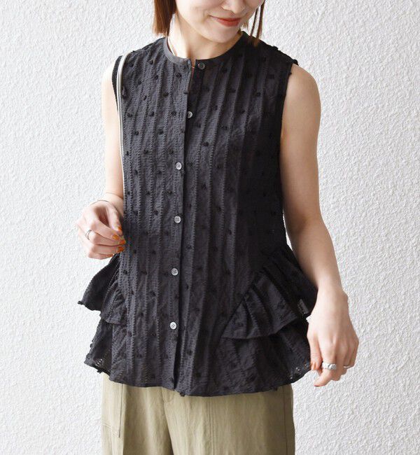 SHIPS any「《予約》SHIPS any:〈洗濯機可能〉ドット ジャカード フリル ノースリーブ シャツ ブラウス」|シャツ・ブラウス|