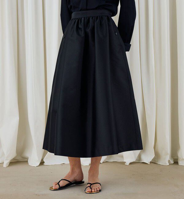 DES PRES「シルクポリエステルツイル ギャザーロングスカート」|フレア|