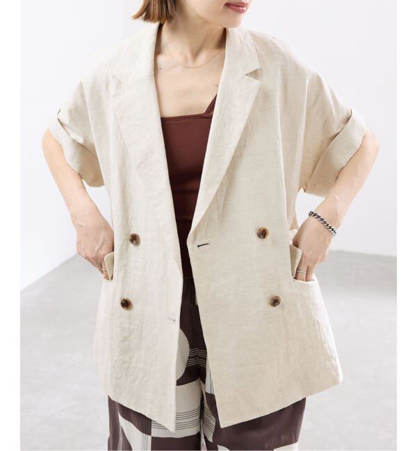 IENA「《予約》ウォッシャブル リネン混Wハーフジャケット」|テーラードジャケット|ベージュ