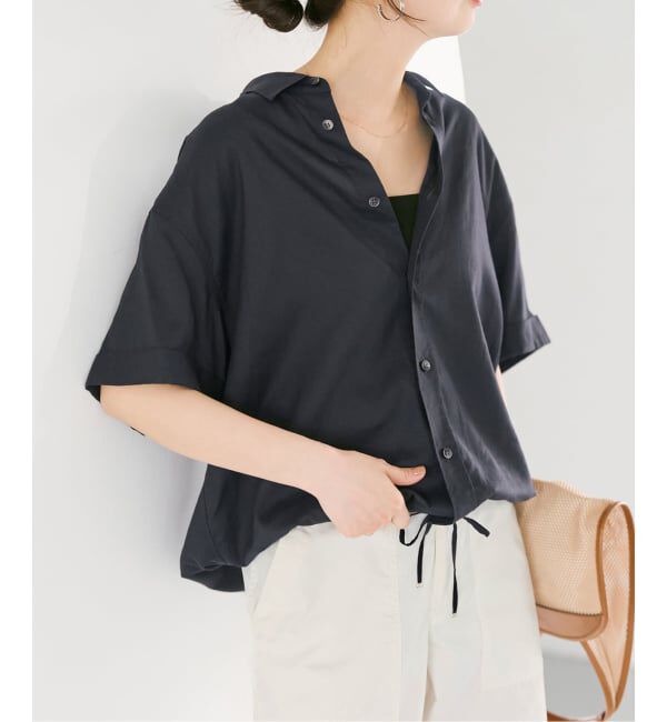 Spick and Span「リネンブレンドハーフスリーブヘムギャザーシャツ」|シャツ・ブラウス|ネイビー