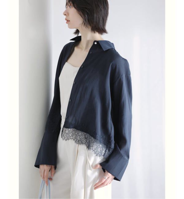  「【洗える】レーストリミングシャツ」|シャツ・ブラウス|ネイビー