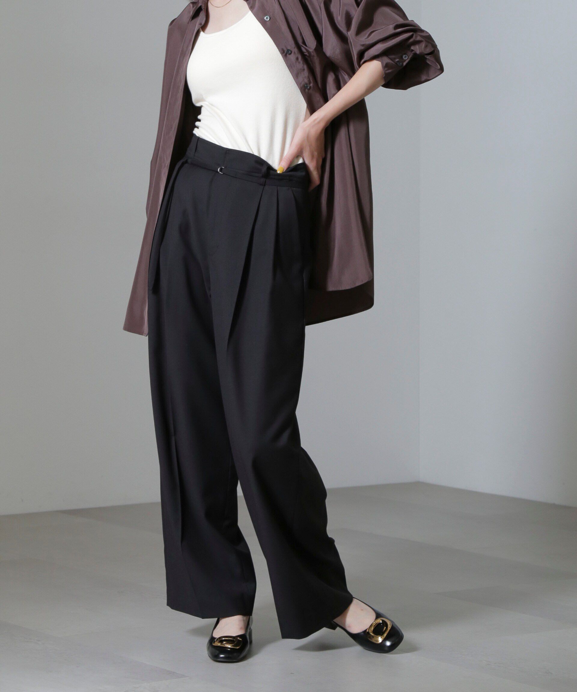 nano･universe「スーチングワイドスラックスパンツ」|チノ|ブラック