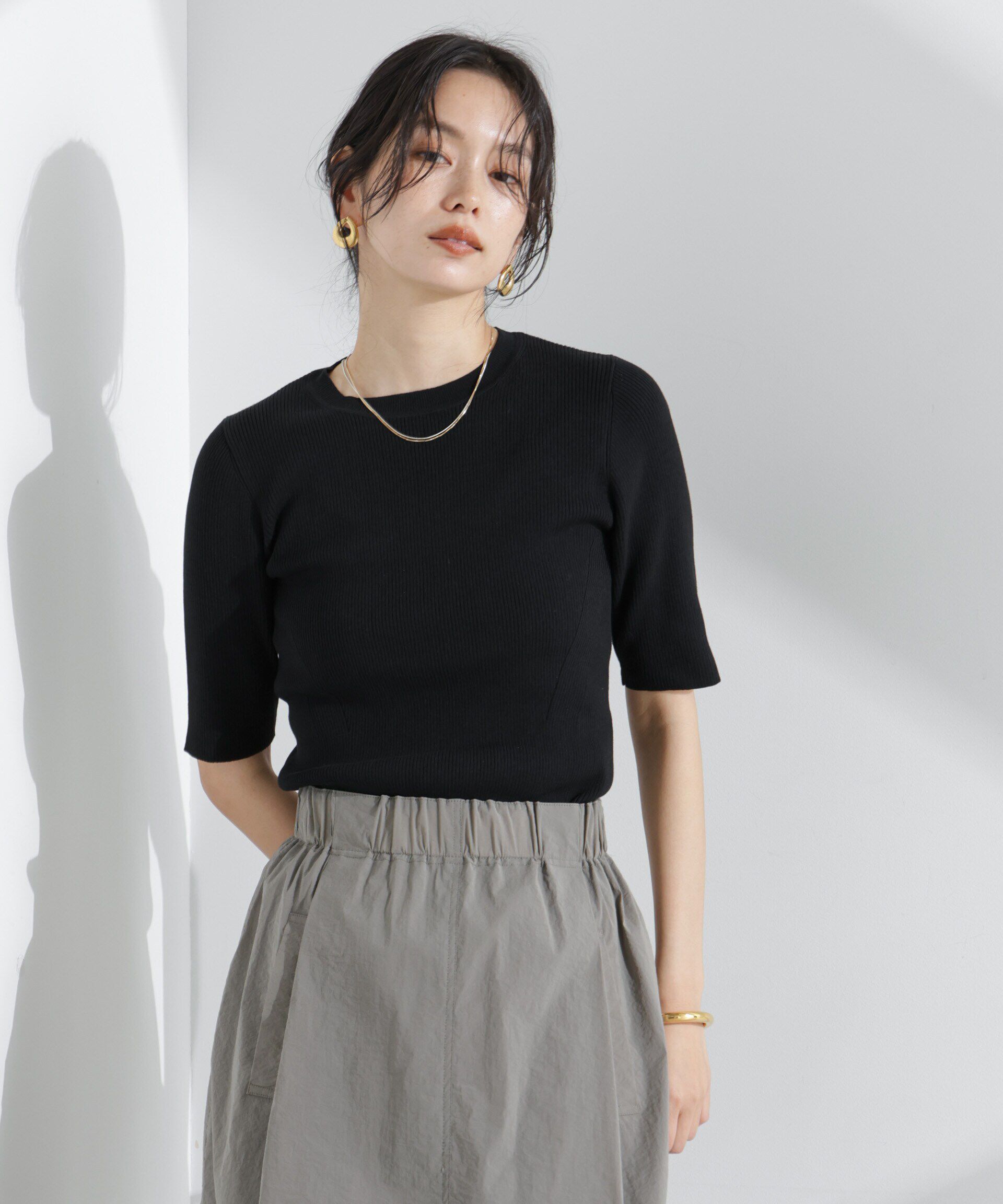 nano･universe「ウォッシャブルハイツイスト五分袖リブニット」|ニット・セーター|