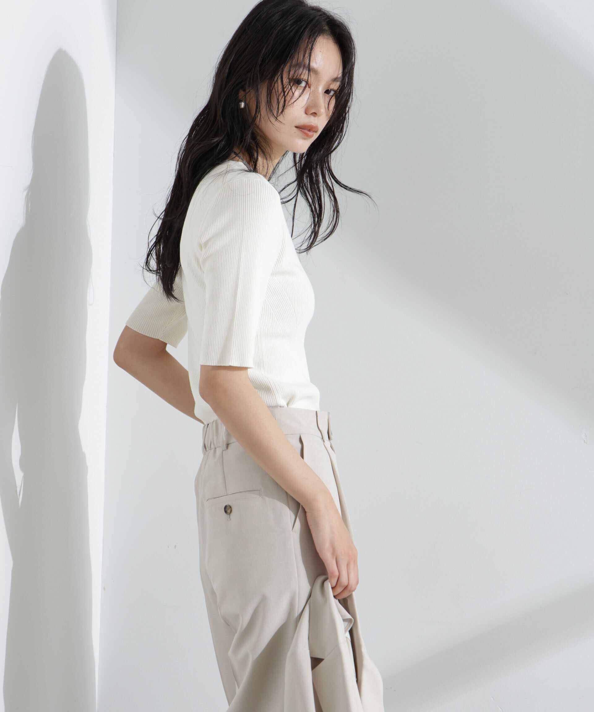 nano･universe「ウォッシャブルハイツイスト五分袖リブニット」|ニット・セーター|