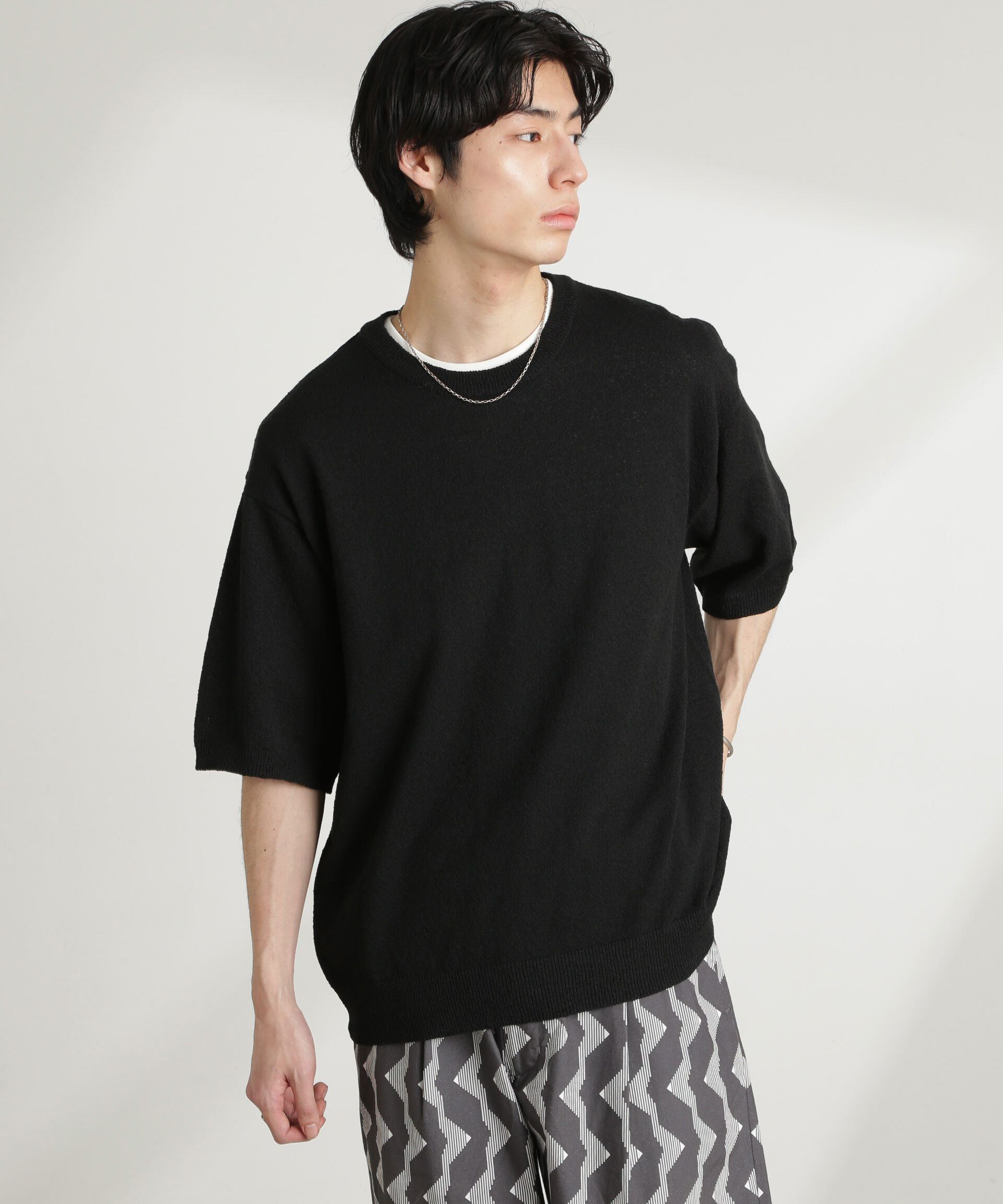 nano･universe「ブークレクルーネックニット 半袖」|ニット・セーター|ブラック