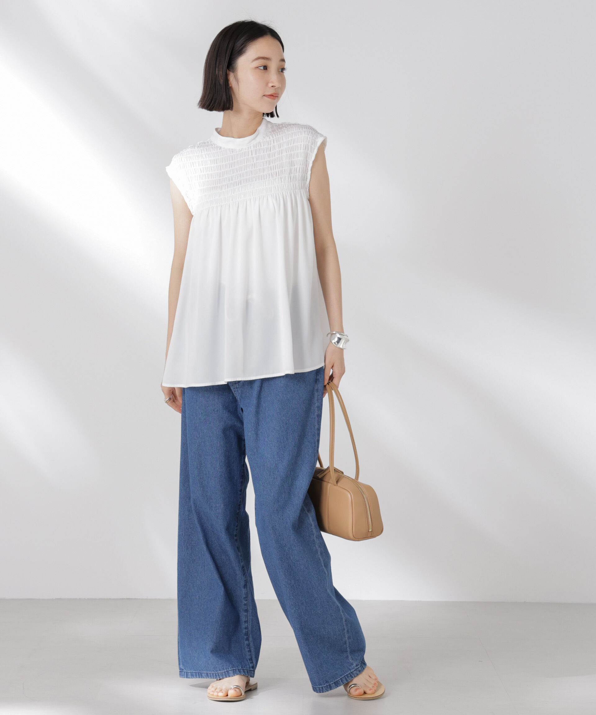 nano･universe「フロントシャーリングノースリーブブラウス」|シャツ・ブラウス|