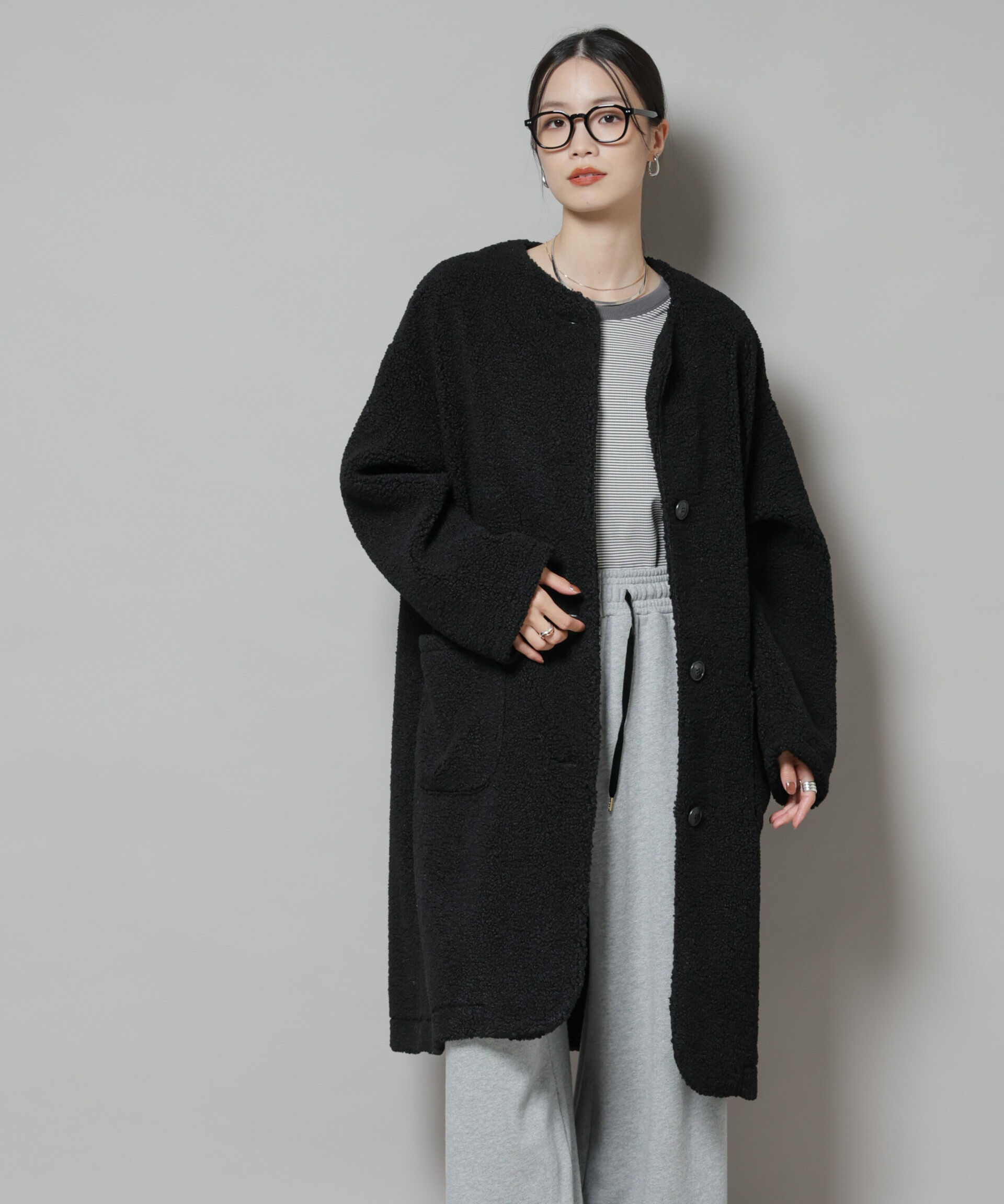 nano･universe「ソフトボアノーカラーコート」|その他|ブラック