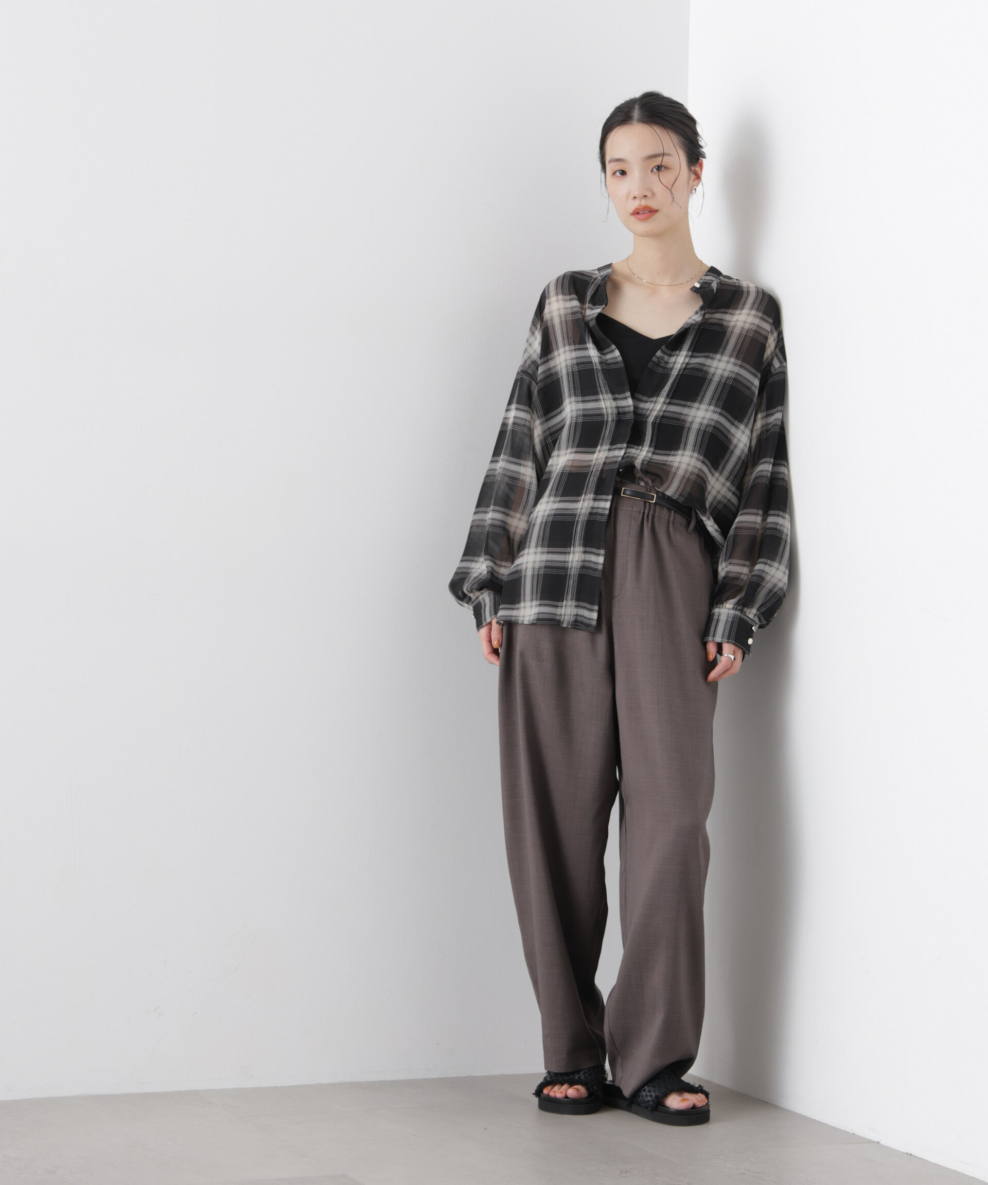 nano･universe「シアーチェックプリントピンタックスタンドカラーブラウス」|シャツ・ブラウス|