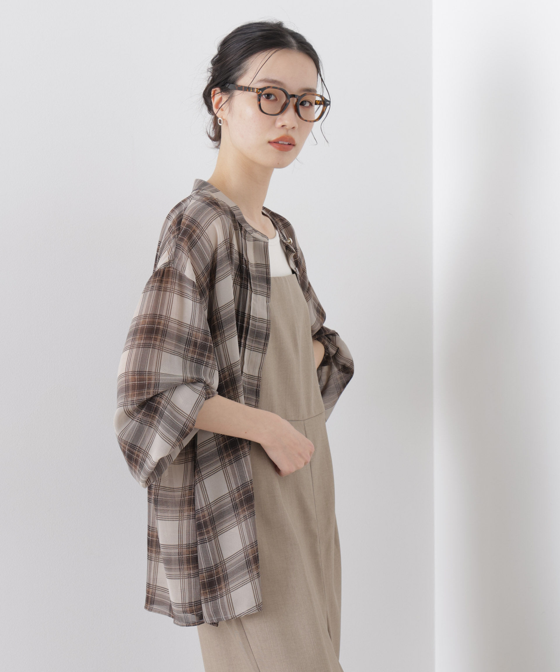 nano･universe「シアーチェックプリントピンタックスタンドカラーブラウス」|シャツ・ブラウス|
