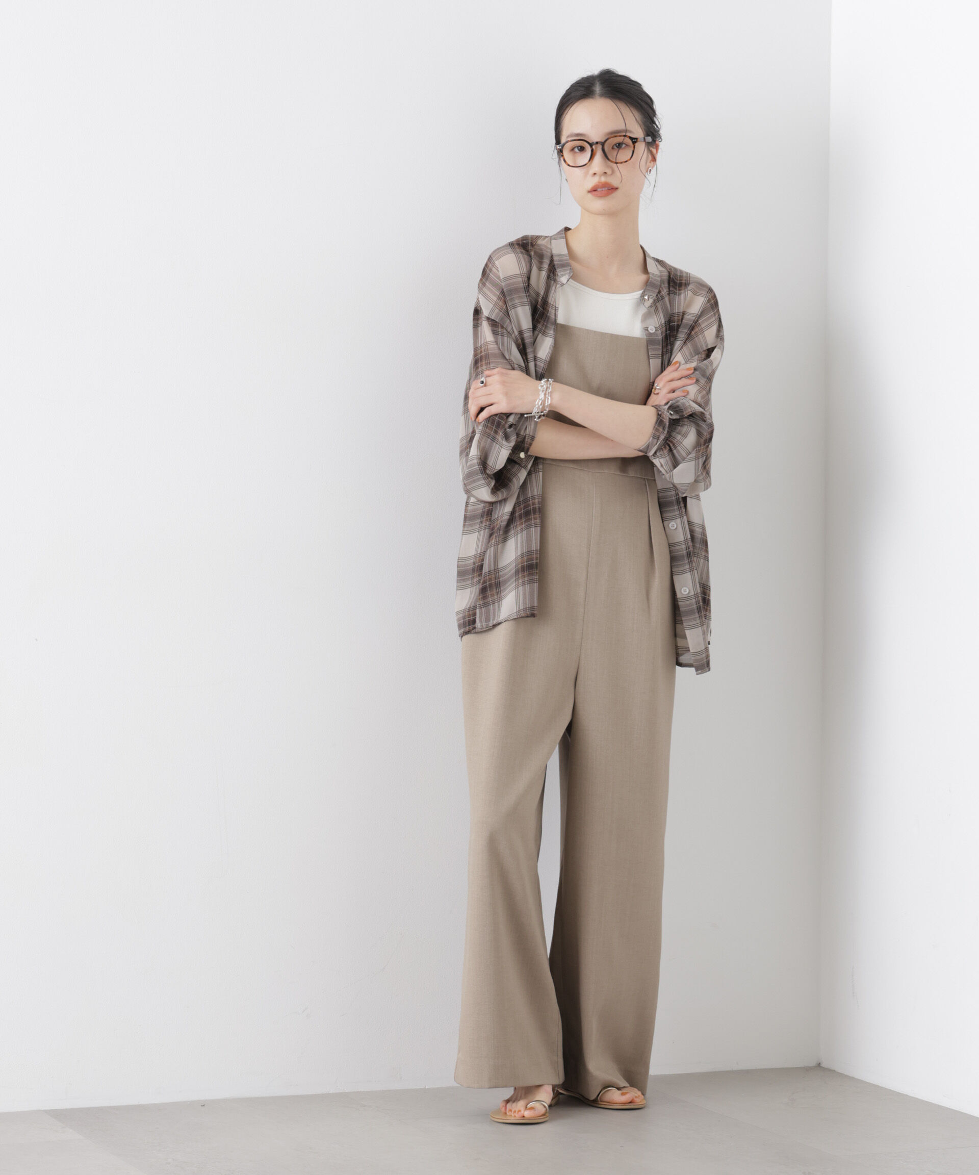 nano･universe「シアーチェックプリントピンタックスタンドカラーブラウス」|シャツ・ブラウス|