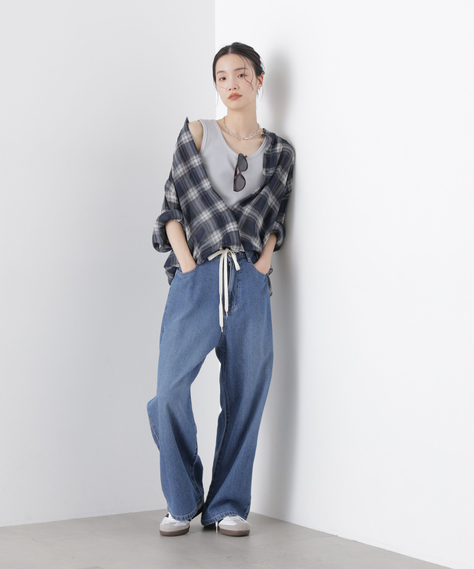 nano･universe「シアーチェックプリントピンタックスタンドカラーブラウス」|シャツ・ブラウス|