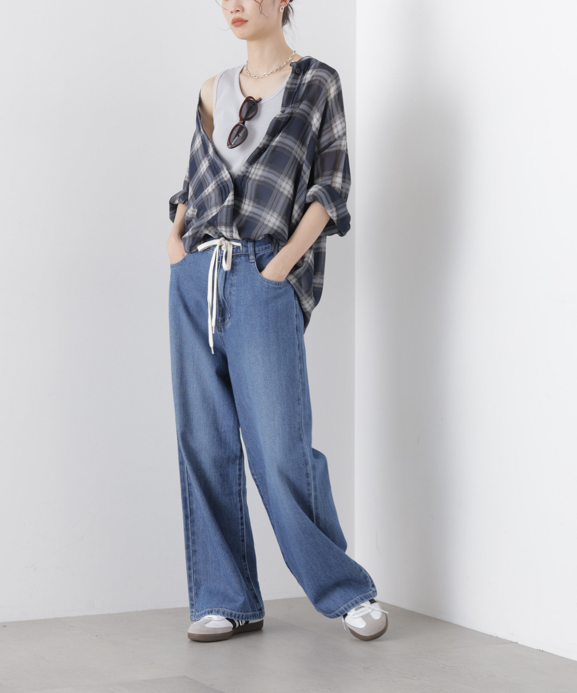 nano･universe「シアーチェックプリントピンタックスタンドカラーブラウス」|シャツ・ブラウス|