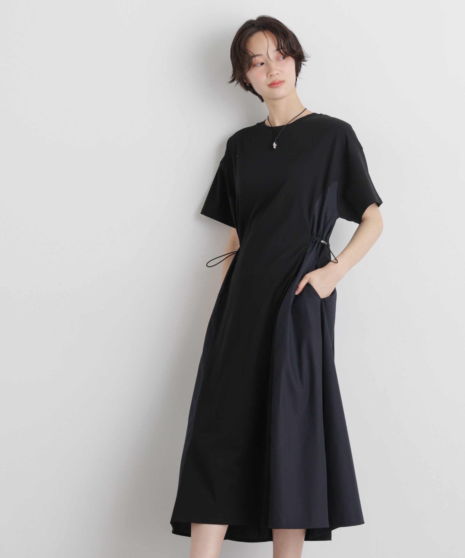 nano･universe「サイドバイカラーギャザー布帛コンビカットワンピース」|ワンピース|ブラック