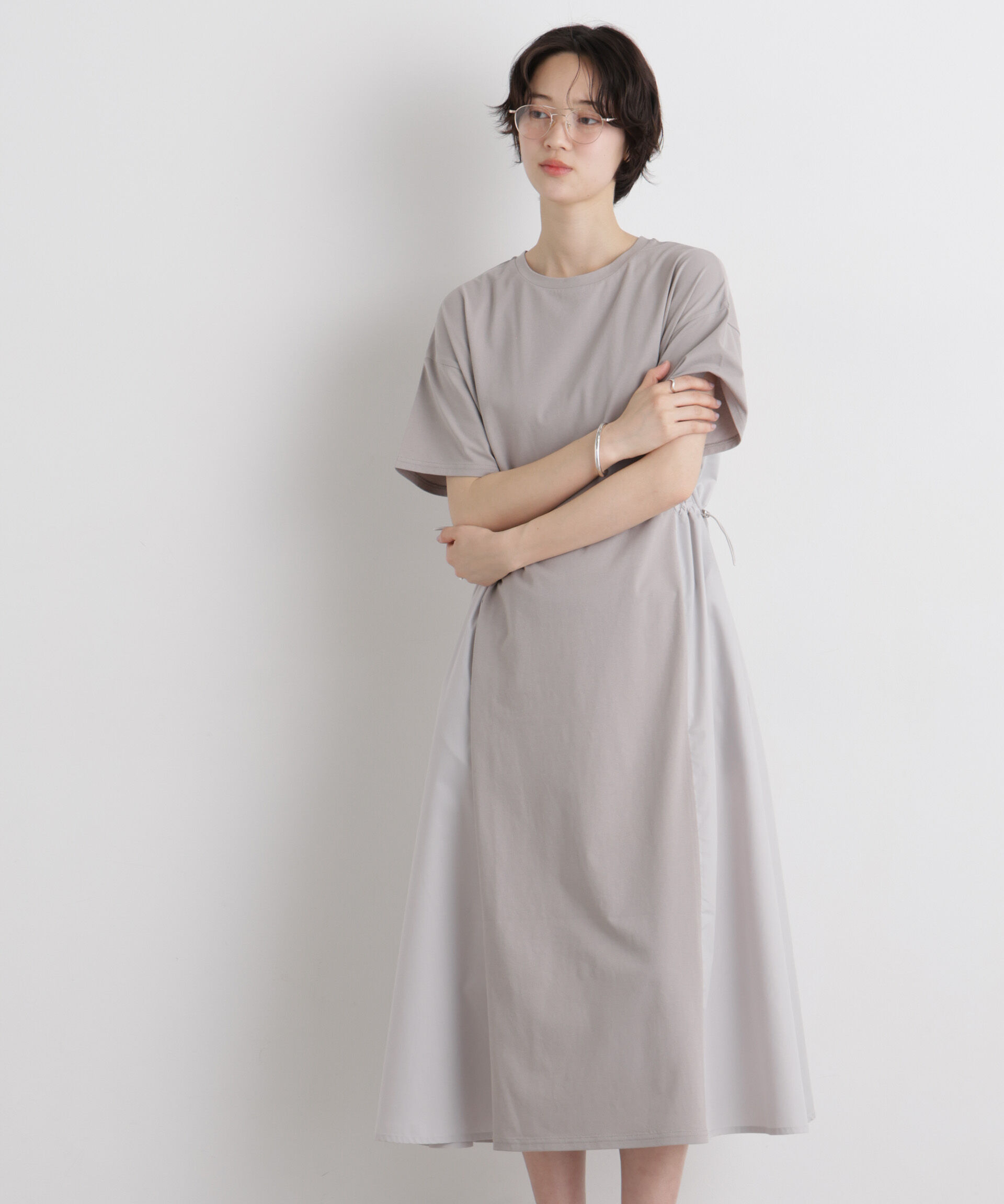 nano･universe「サイドバイカラーギャザー布帛コンビカットワンピース」|ワンピース|