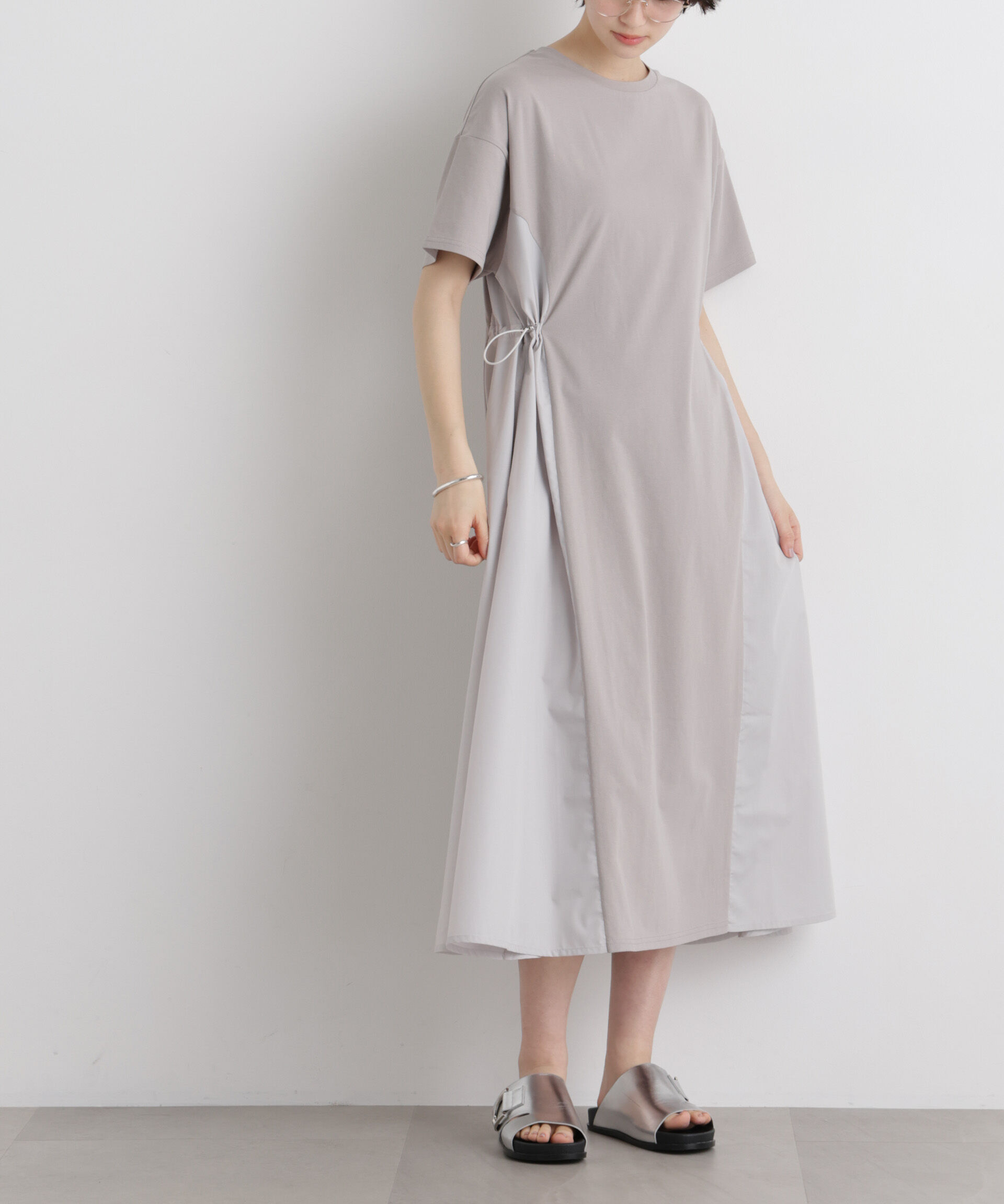 nano･universe「サイドバイカラーギャザー布帛コンビカットワンピース」|ワンピース|