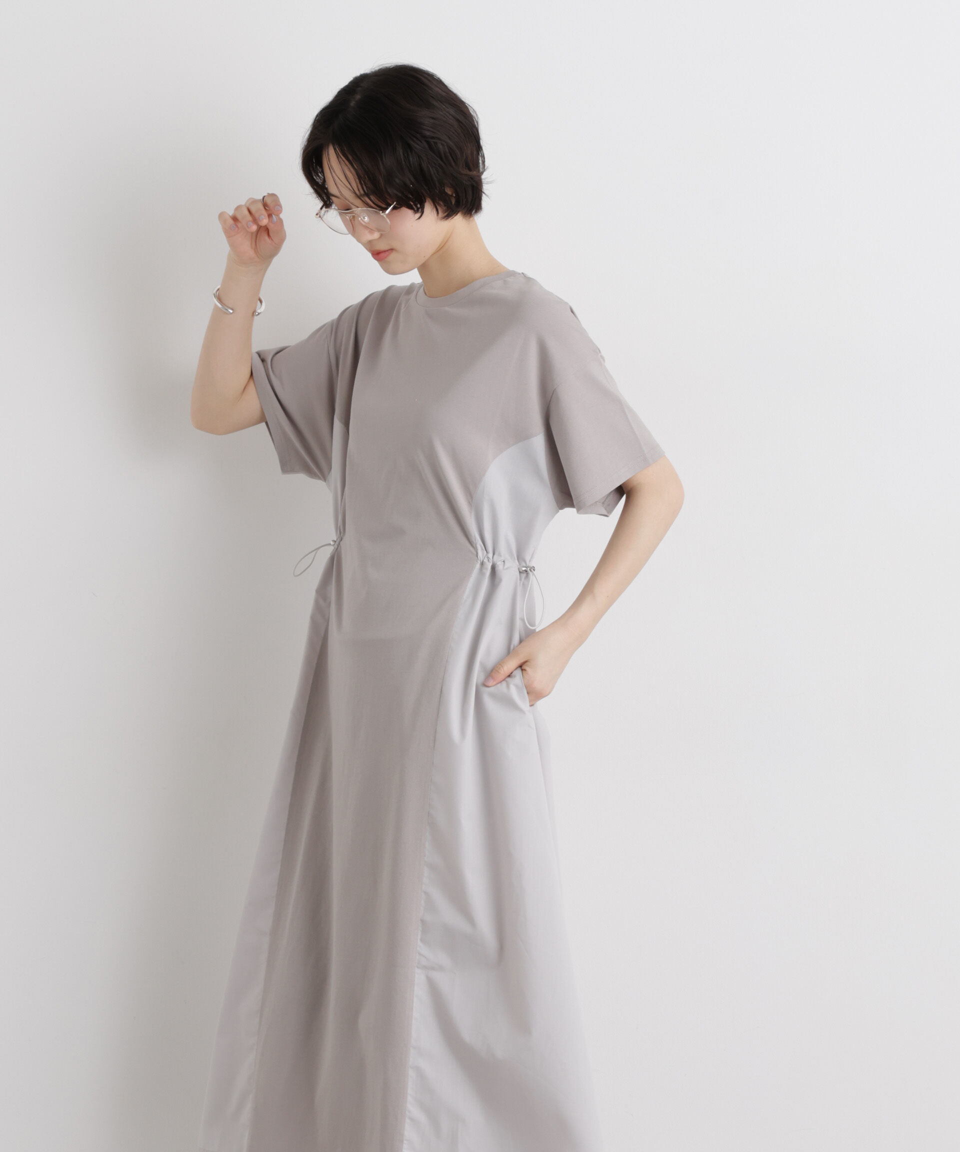 nano･universe「サイドバイカラーギャザー布帛コンビカットワンピース」|ワンピース|