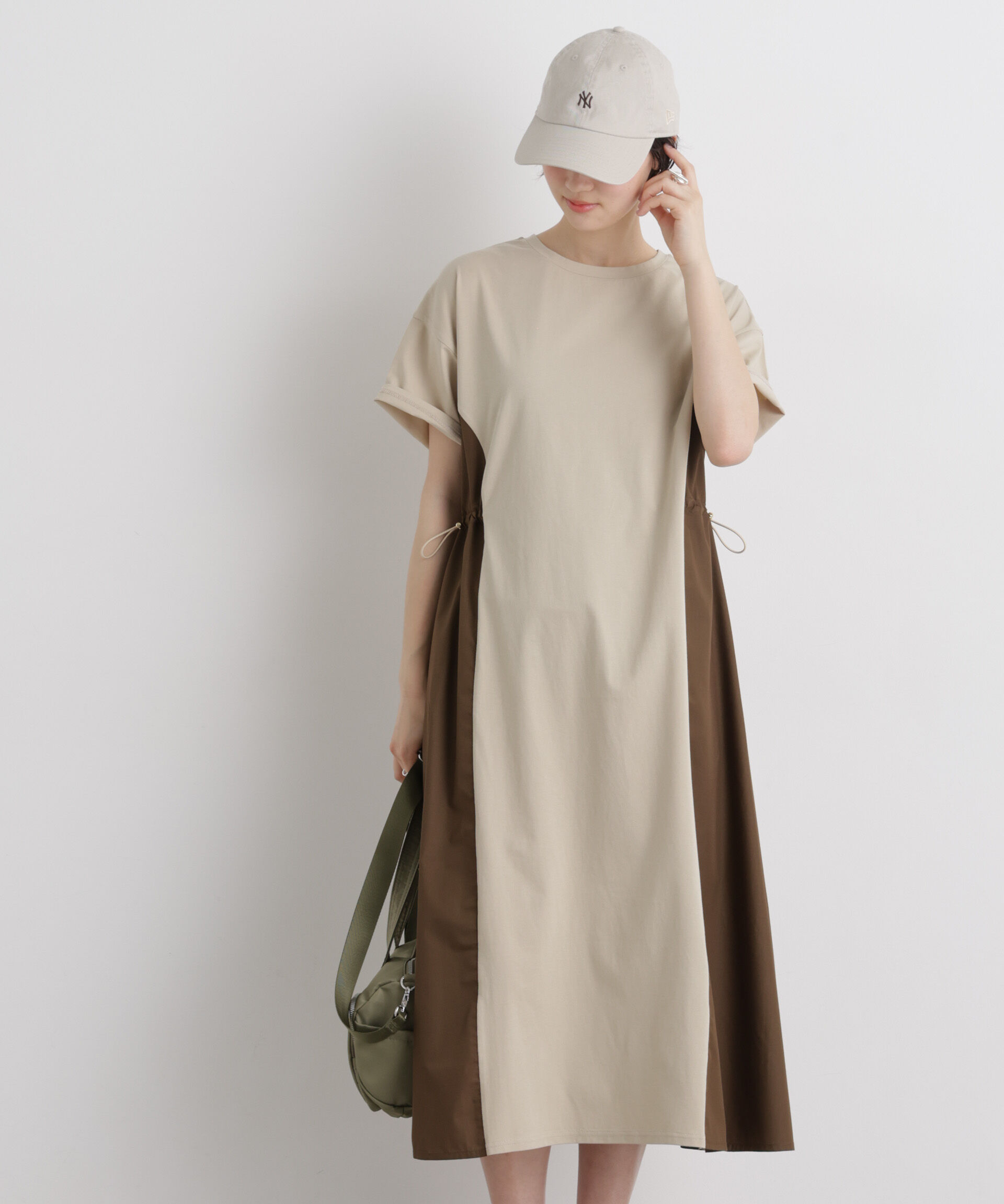 nano･universe「サイドバイカラーギャザー布帛コンビカットワンピース」|ワンピース|ベージュ