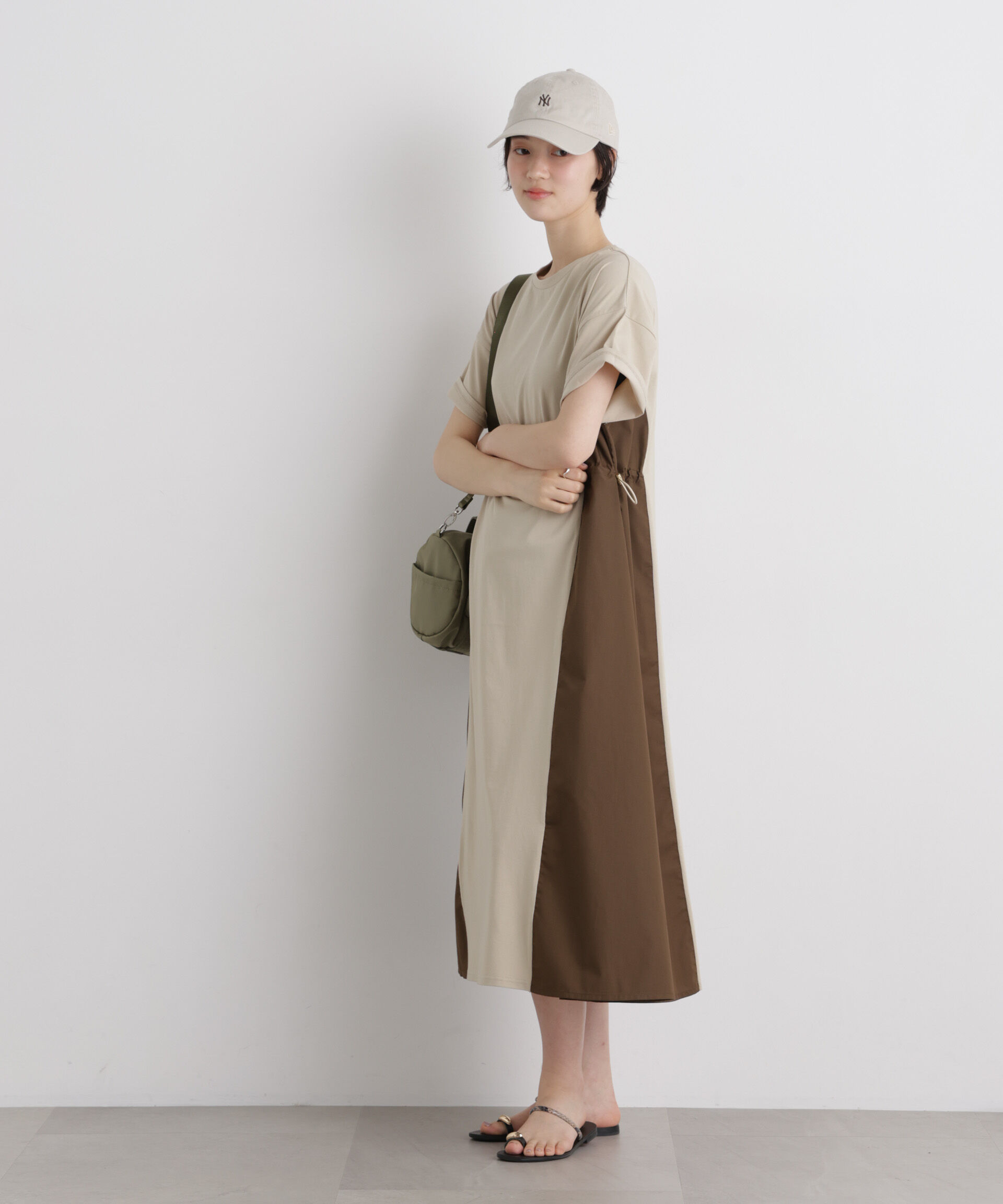 nano･universe「サイドバイカラーギャザー布帛コンビカットワンピース」|ワンピース|