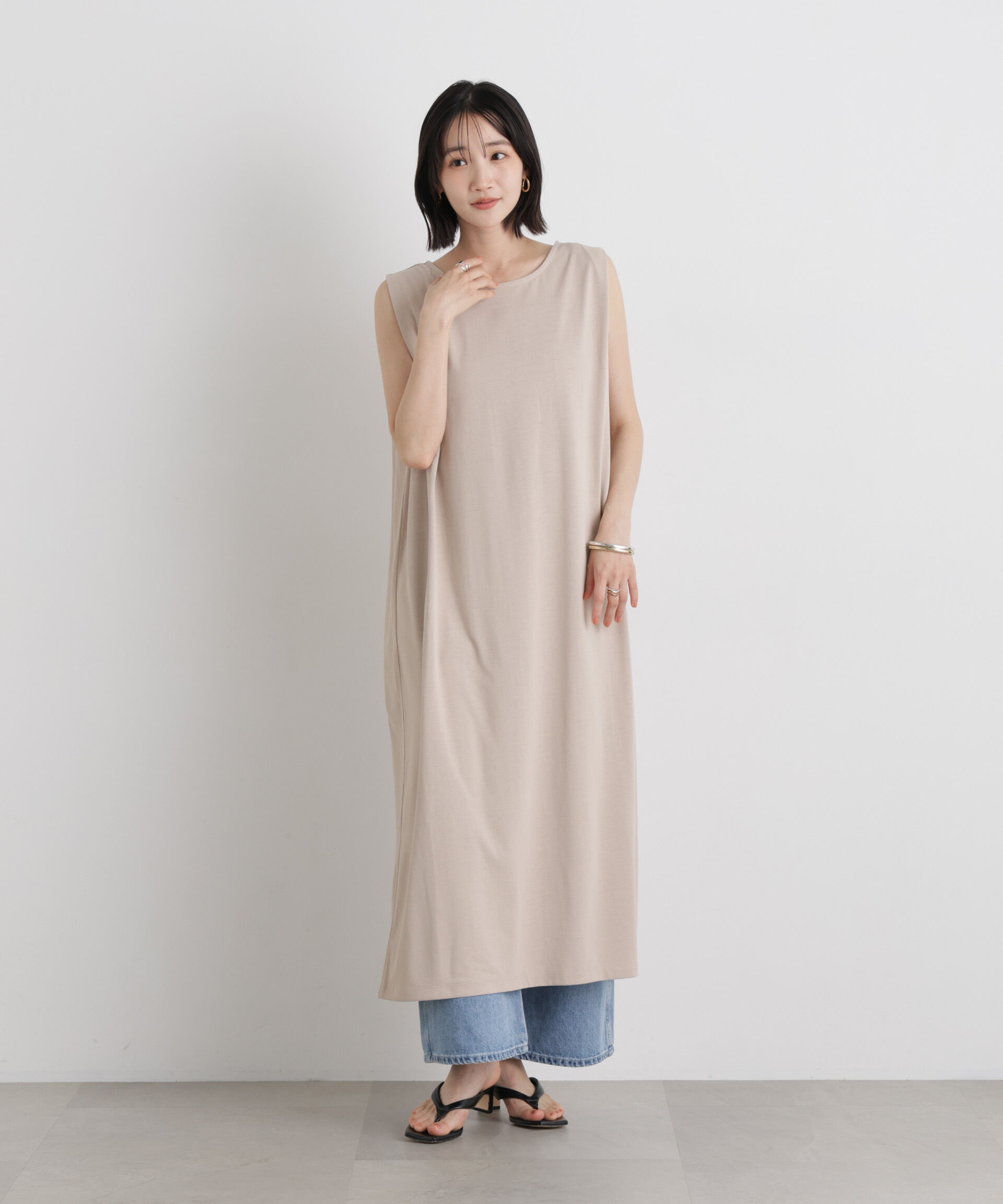 nano･universe「汗隠糸加工&多彩機能カットソー素材 タックスリーブワンピース」|ワンピース|