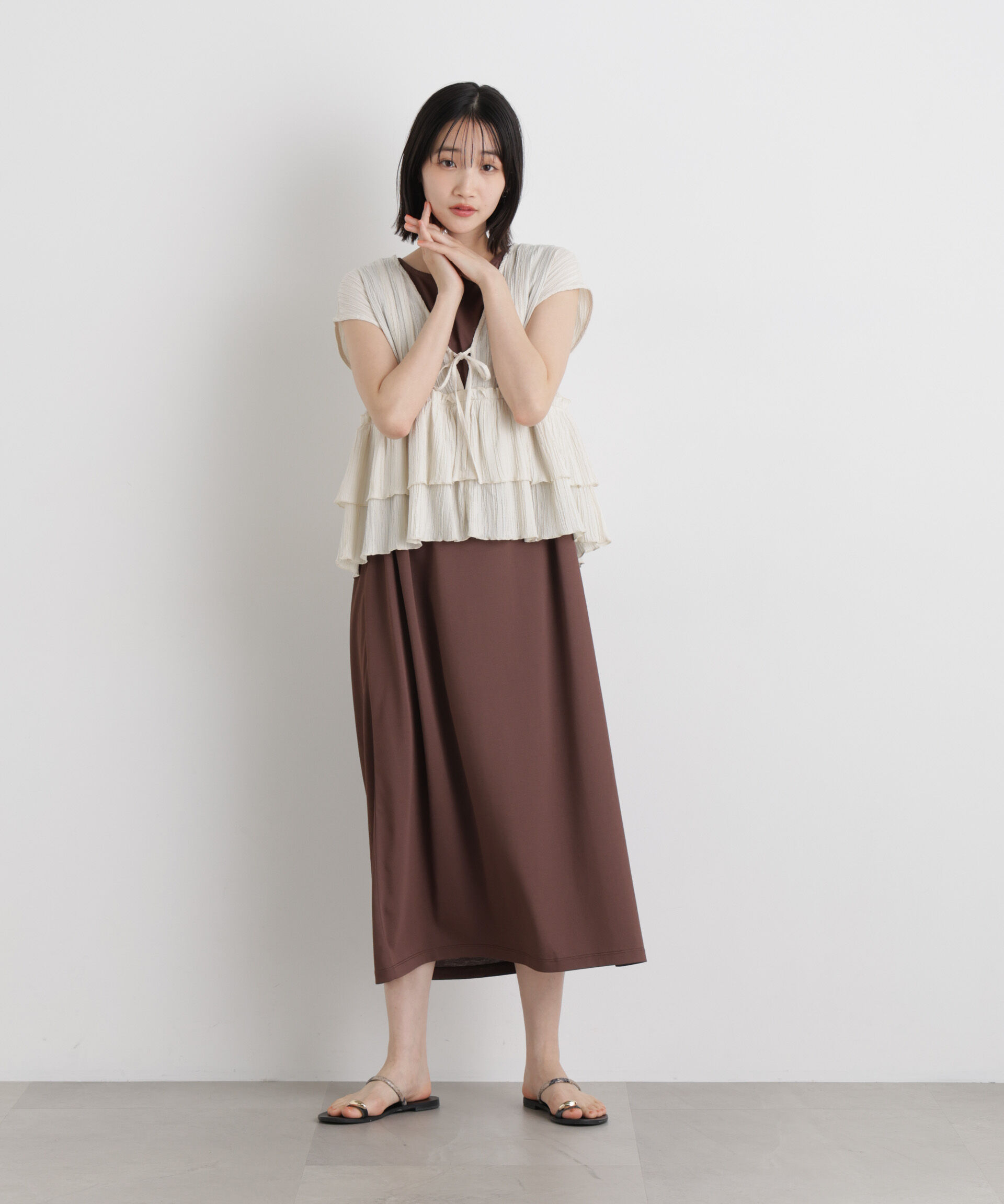 nano･universe「汗隠糸加工&多彩機能カットソー素材 タックスリーブワンピース」|ワンピース|