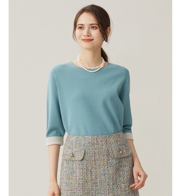 自由区「【アンサンブル対応・洗える】レーヨンストレッチ7分袖 ニット」|ニット・セーター|ブルーグレー