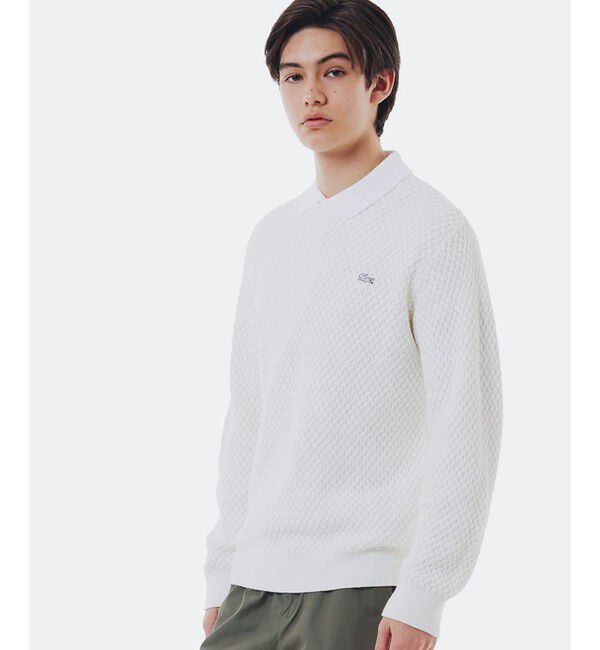 LACOSTE「ローゲージ バスケット編み ニットクルーネックセーター」|ニット・セーター|ホワイト