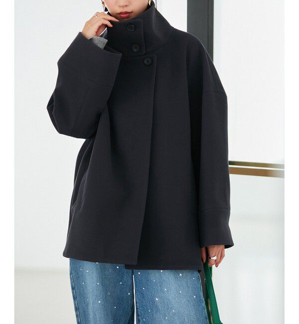 VIS「【静電気防止】ステン&スタンドカラージャージメルトンミドル丈コート」|ステンカラーコート|