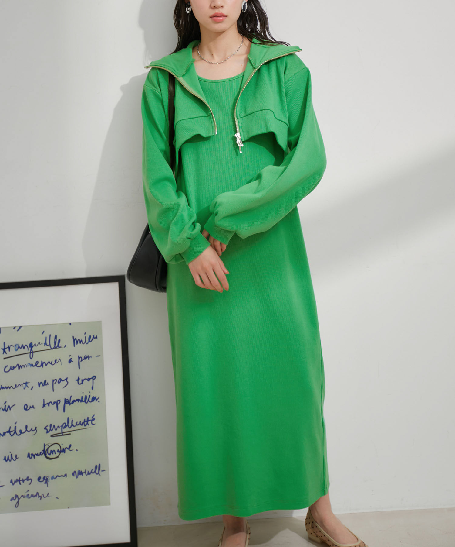 VIS「【洗える】ショートジップカーディガン/リブカットソーワンピース【SET】」|ワンピース|グリーン系(35)