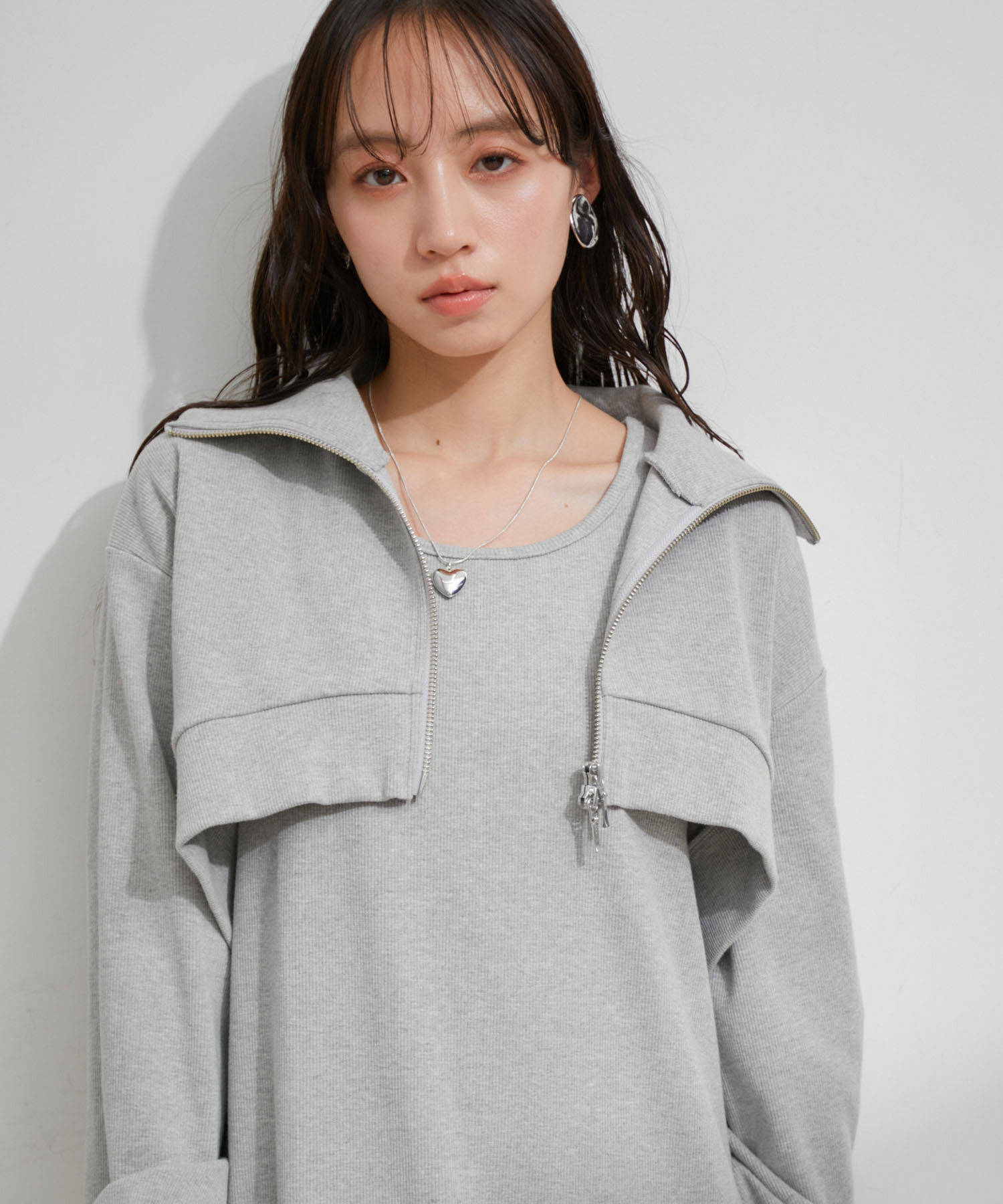 VIS「【洗える】ショートジップカーディガン/リブカットソーワンピース【SET】」|ワンピース|