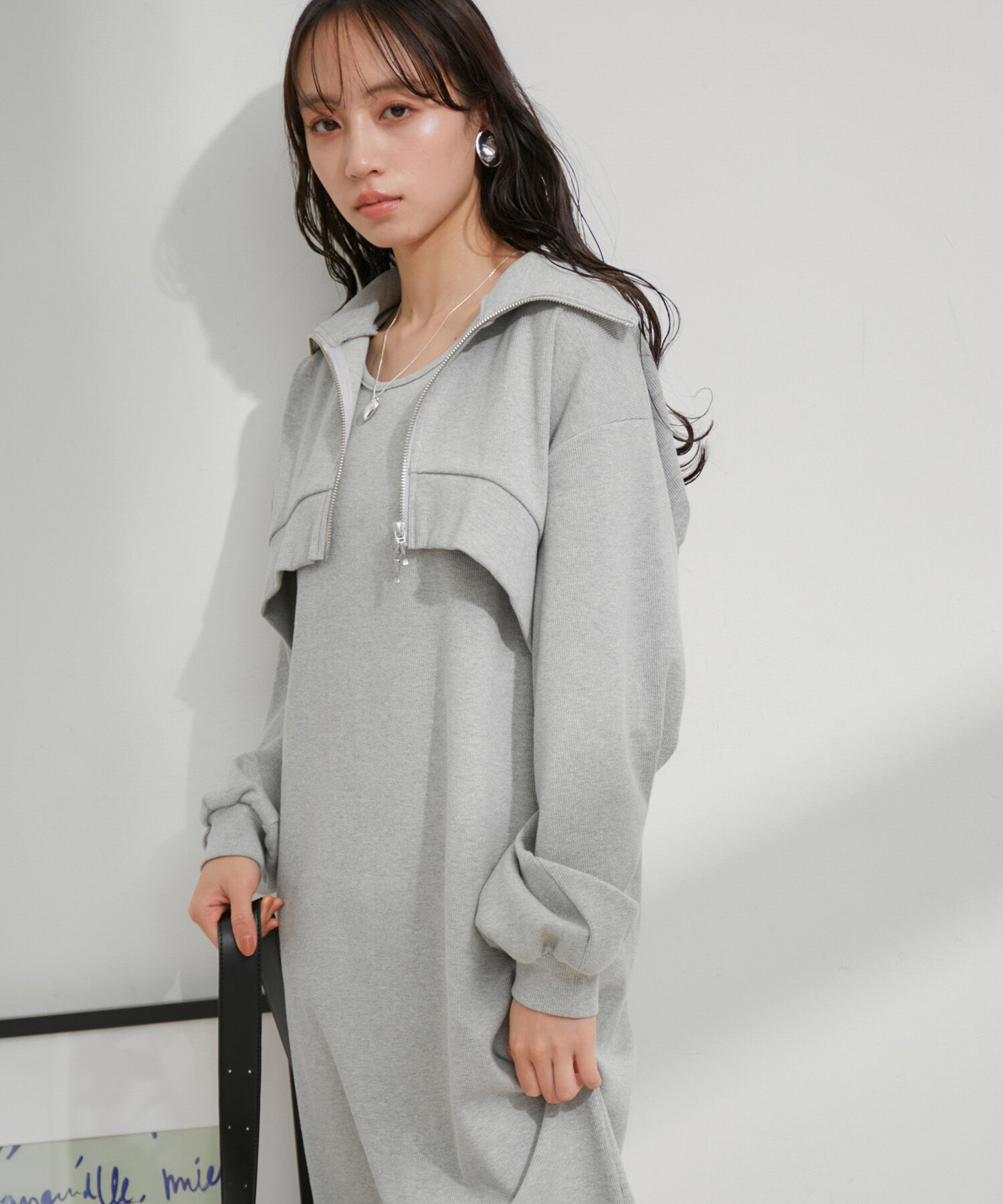 VIS「【洗える】ショートジップカーディガン/リブカットソーワンピース【SET】」|ワンピース|