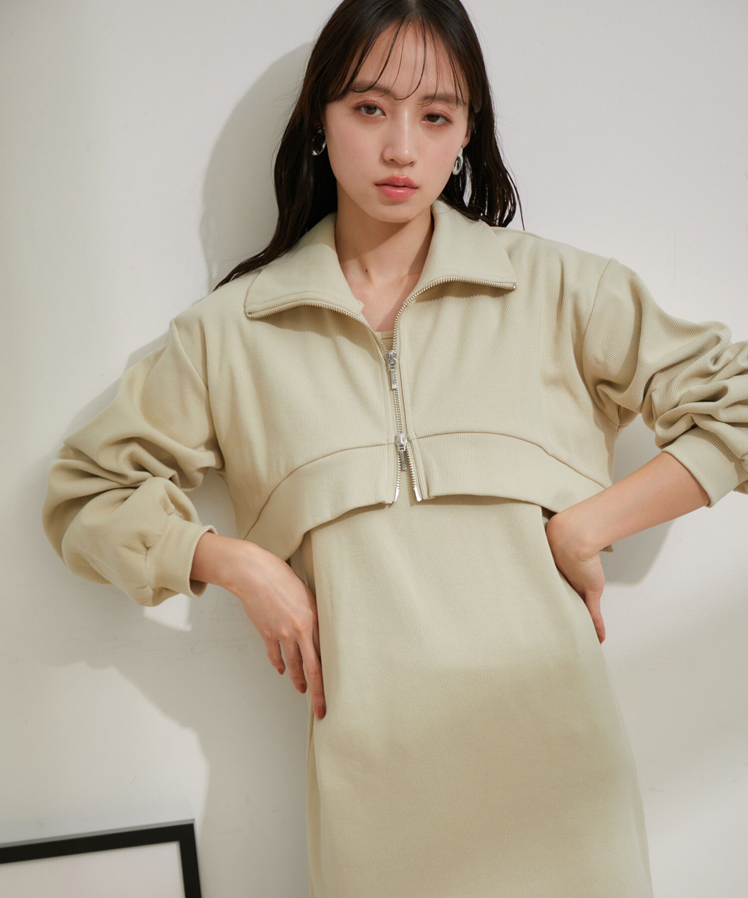 VIS「【洗える】ショートジップカーディガン/リブカットソーワンピース【SET】」|ワンピース|