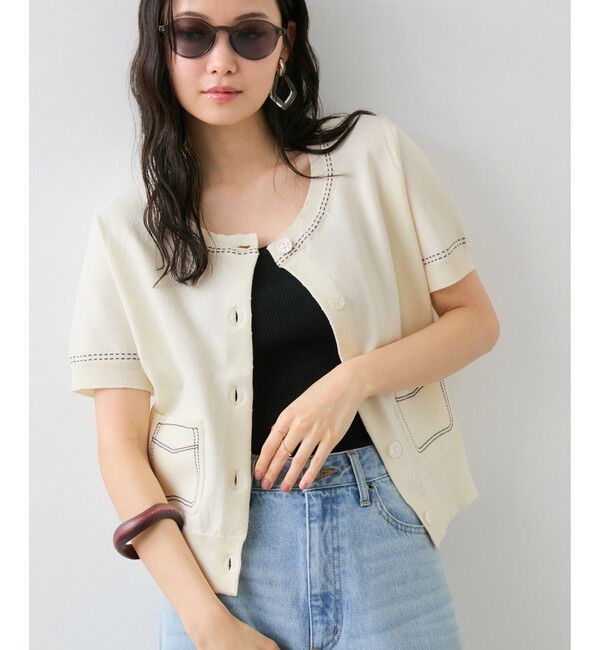 VIS「ハーフスリーブステッチカーディガン/イージーケア」|カーディガン|