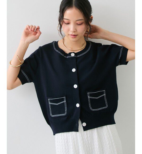 VIS「ハーフスリーブステッチカーディガン/イージーケア」|カーディガン|ネイビー(40)