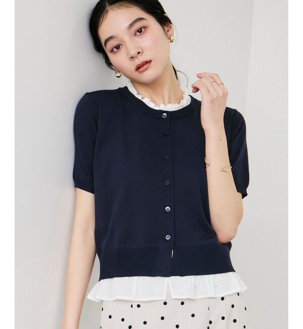 VIS「フリルネックハーフスリーブニットカーディガン」|カーディガン|