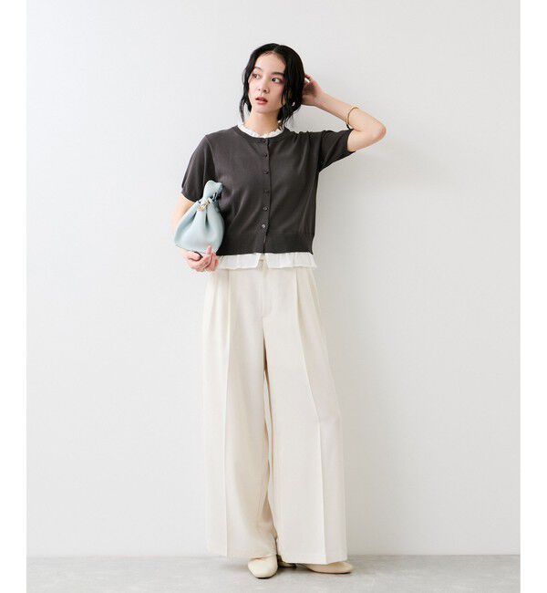 VIS「フリルネックハーフスリーブニットカーディガン」|カーディガン|