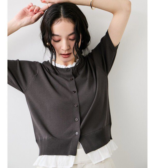 VIS「フリルネックハーフスリーブニットカーディガン」|カーディガン|