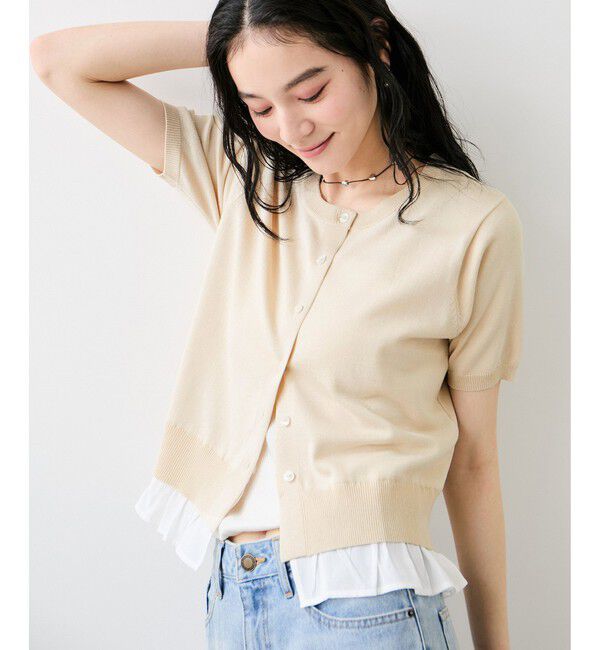 VIS「フリルネックハーフスリーブニットカーディガン」|カーディガン|