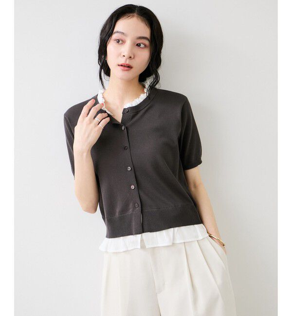 VIS「フリルネックハーフスリーブニットカーディガン」|カーディガン|