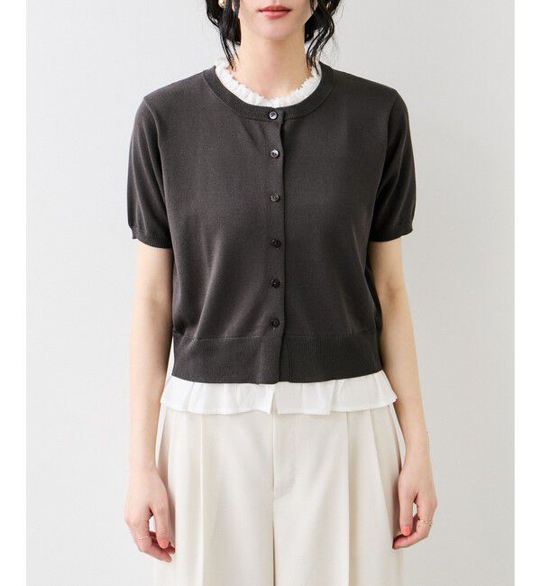 VIS「フリルネックハーフスリーブニットカーディガン」|カーディガン|