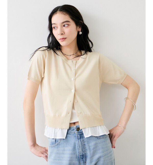 VIS「フリルネックハーフスリーブニットカーディガン」|カーディガン|