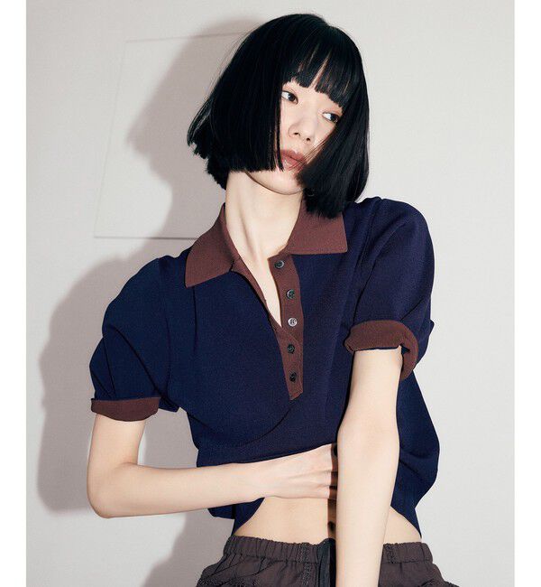 ADAM ET ROPE'「【WEB限定】ハーフスリーブバイカラーポロニット」|ポロシャツ|ネイビー(40)