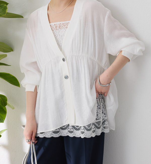  「《1枚で着映える》ギャザー切替シアーシャツカーディガン」|カーディガン|