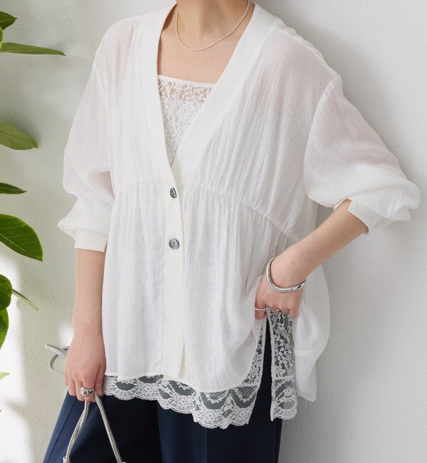  「《1枚で着映える》ギャザー切替シアーシャツカーディガン」|カーディガン|