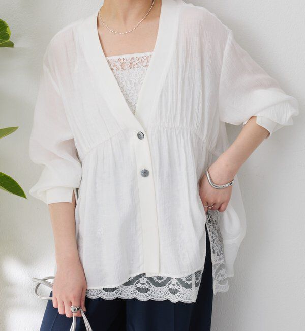  「《1枚で着映える》ギャザー切替シアーシャツカーディガン」|カーディガン|