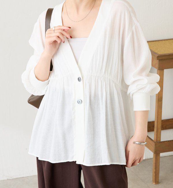  「《1枚で着映える》ギャザー切替シアーシャツカーディガン」|カーディガン|