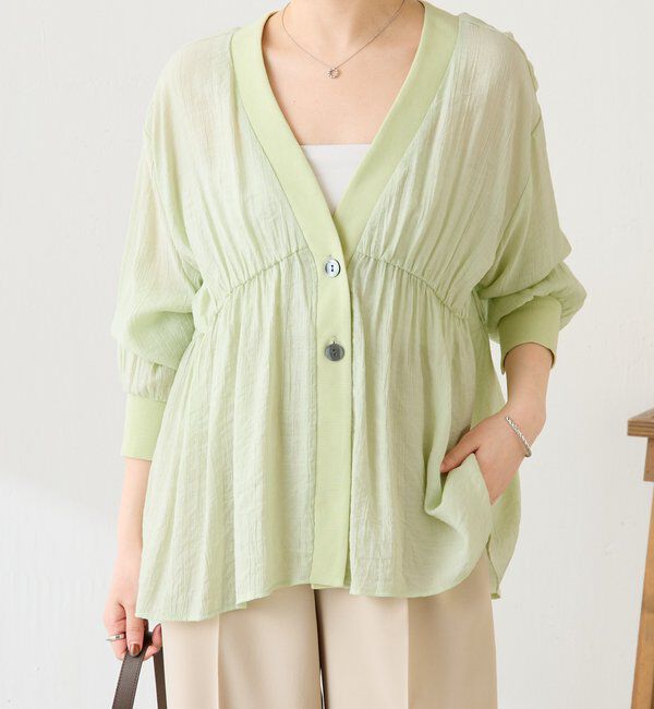  「《1枚で着映える》ギャザー切替シアーシャツカーディガン」|カーディガン|グリーン