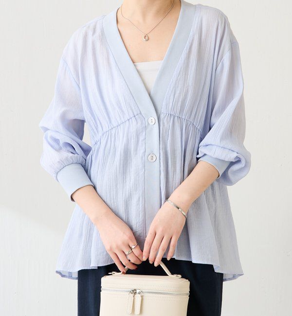 「《1枚で着映える》ギャザー切替シアーシャツカーディガン」|カーディガン|